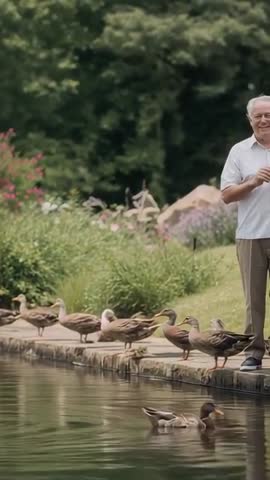 Senior man smiling with ducks at tranquil park pond vertical video for lifestyle content