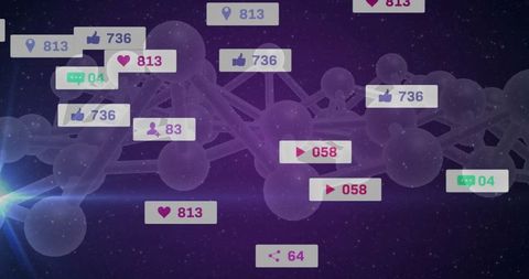 Abstract Cybernetic Network with Social Media Icons in Purple Cosmos