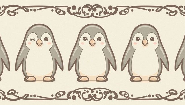 Repeating trio of winking and smiling penguins on cream background with ornate brown borders