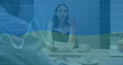 Businesswoman Presenting Financial Data with US Flag Overlay