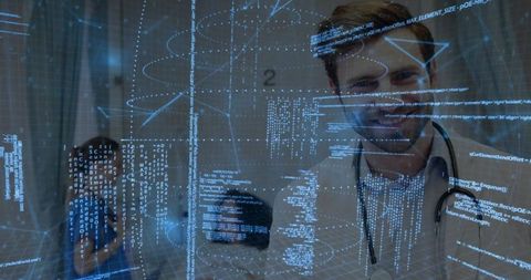 Smiling Male Physician Wearing Stethoscope, Standing in Clinic with Holographic Data Overlay