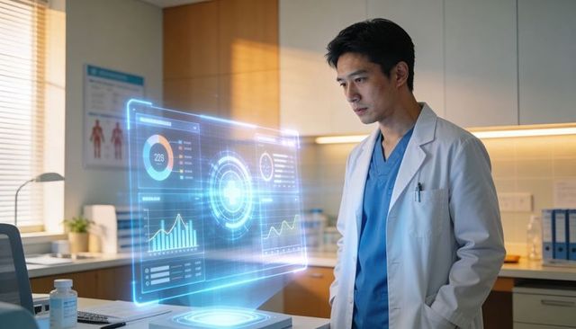Physician examining holographic medical dashboard with analytics in modern clinic