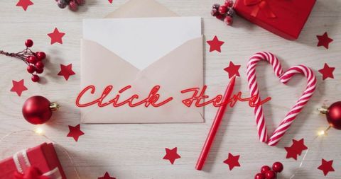 Featuring red neon click here over envelope and candy cane heart flatlay for festive greeting