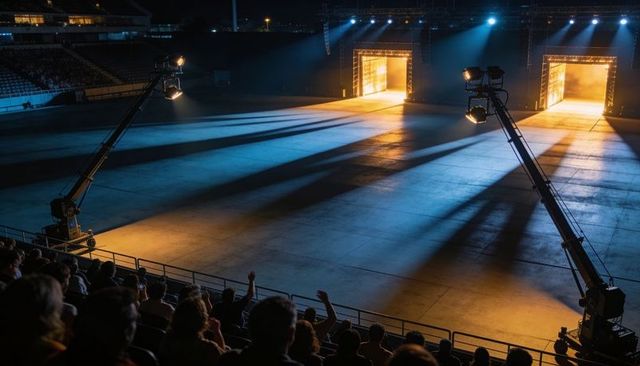 Arena stage illuminating with dramatic blue and amber beams through open stage portals