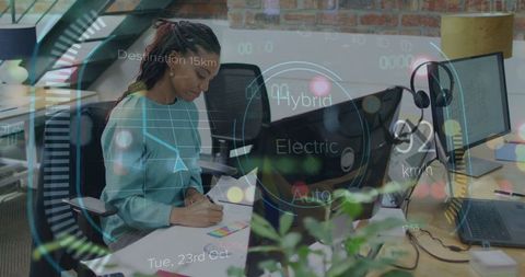 Businesswoman Analyzing Data with Futuristic Technology in Modern Office