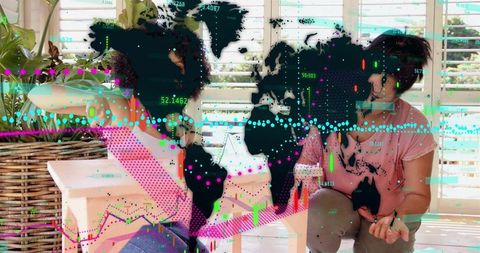 Women chatting in sunroom with global data overlays, plants and bright casual conversation