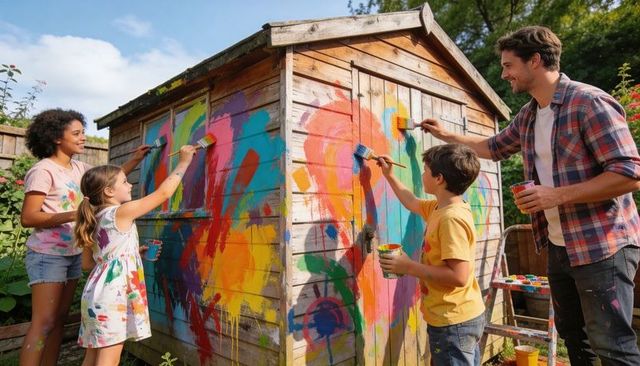 Family painting colorful wooden garden shed together, parents and children diy art project
