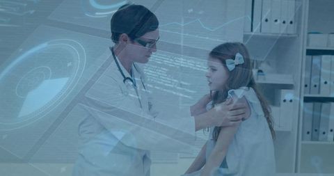 Pediatric Doctor Engaging with Child amid Futuristic Digital Interface