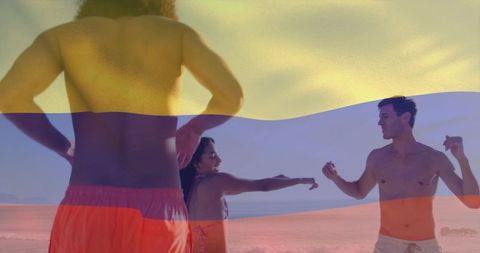 Friends reaching and dancing on sunny beach with colorful swimwear overlay
