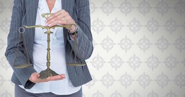 Judge holding a balance scale, symbolizing justice and fairness. The patterned wallpaper background adds a formal and professional touch. Ideal for use in legal websites, law firm promotions, justice-related articles, and educational materials on law and ethics.