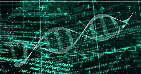 Glowing teal DNA helix spanning virtual dashboard with scrolling code and molecules