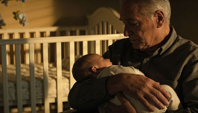 Cradling grandfather holding sleeping newborn in warm nursery light with white crib