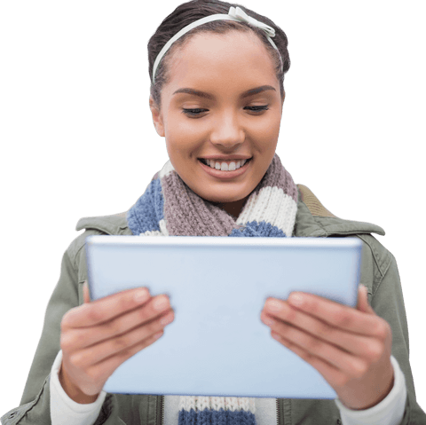 Biracial woman using tablet on transparent background