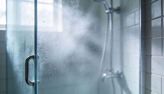 Steaming tempered glass shower door forming condensation with chrome handle modern bathroom