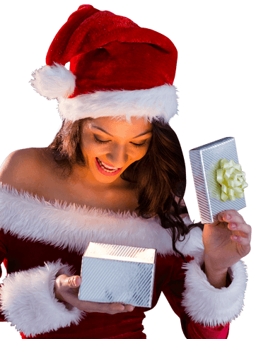 Woman in santa hat with christmas gift on transparent background