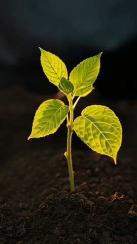 Vertical video young sapling growing in dark soil lit by warm backlight for eco growth