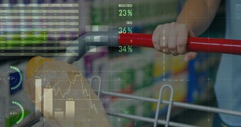 Gripping red cart handle while shopping with baguette and retail data overlays