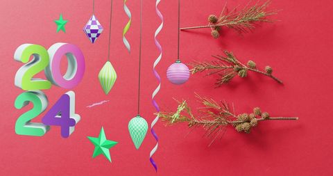 Colorful 2024 new year decorations on red background
