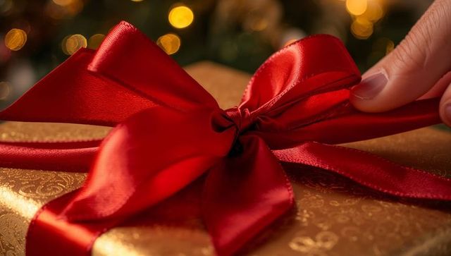 Tying a red satin ribbon on gold gift box with festive lights
