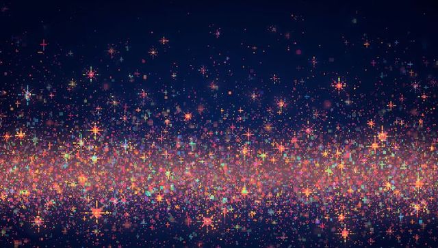 Neon pixel galaxy band of cross-shaped sparkles on deep navy background, glowing gradient