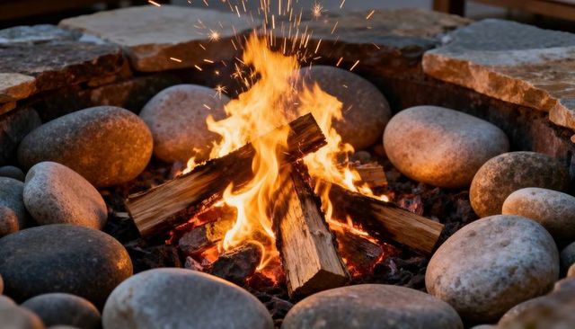 Crackling backyard fire pit with river rocks and burning logs at dusk