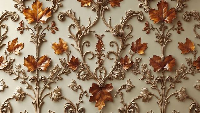 Baroque scrollwork with bronze maple leaves on cream wall