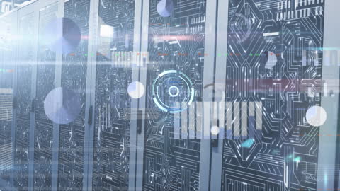 Futuristic Interface in Data Server Room with Digital Analytics