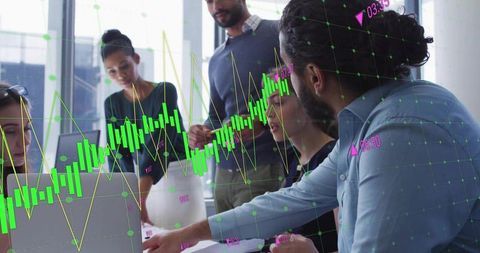Multidisciplinary Team Collaborating on Financial Data Dashboard with Live Market Charts