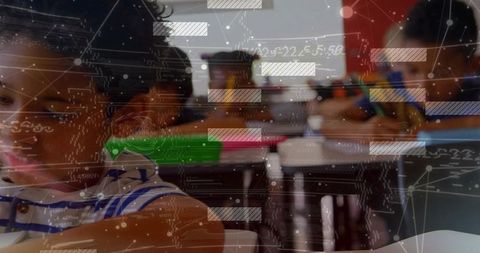 Girl writing in classroom with digital data overlay and students collaborating
