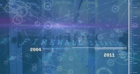 Futuristic data center with network nodes and cybersecurity interface