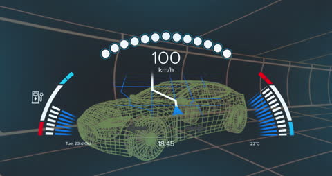 Car Dashboard Interface with Technical Wireframe
