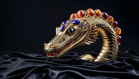 Intricate Gold Dragon Sculpture with Gemstones on Black Satin