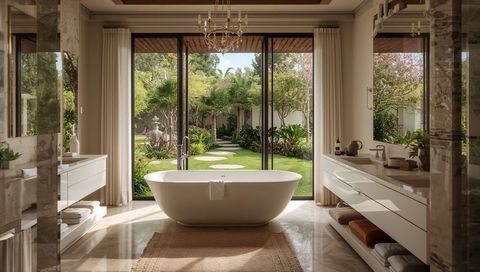 Sunlit luxury freestanding bathtub overlooking lush garden via floor-to-ceiling glass doors
