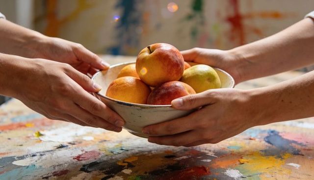 Hands passing ceramic bowl of fruit over paint-splattered artist worktable collaborative