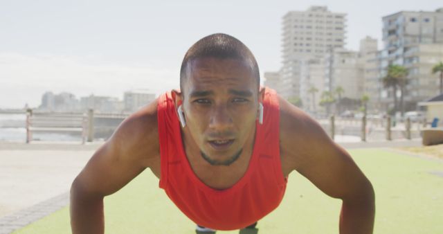 Young African American Man Pushup Exercise Outdoors Modern City Background - Download Free Stock Images Pikwizard.com