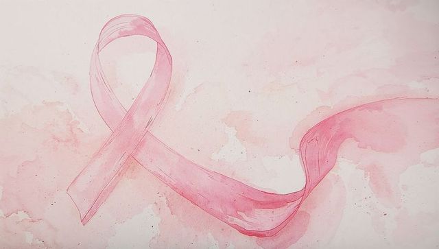 Pink Ribbon Painted on Watercolor Background