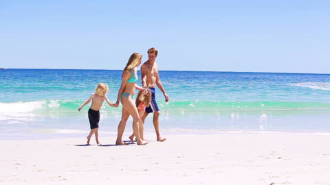 A family is walking along the shore on a sunny day, creating joyful memories together. Perfect for travel brochures, family lifestyle promotions, or advertisements stressing family values and leisure time.