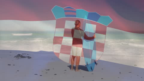 Man Holding Surfboard on Croatian Beach with Flag Overlap