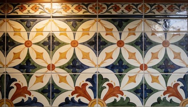 Hand-painted mediterranean ceramic tile panel featuring floral rosette mosaic pattern