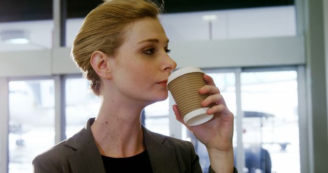 Businesswoman Drinking Coffee in Airport Terminal - Download Free Stock Images Pikwizard.com