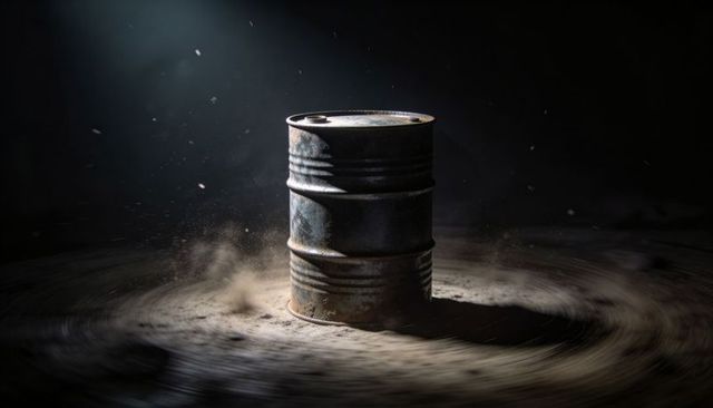 Rusty Metal Barrel Standing Under Spotlight with Swirling Dust Halo Moody Industrial Drum Scene