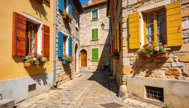 Sunlit mediterranean alley basking, colorful shutters and flower boxes on cobblestone lane