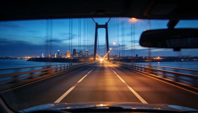 Driving over illuminated suspension bridge at dusk toward glowing city skyline reflections