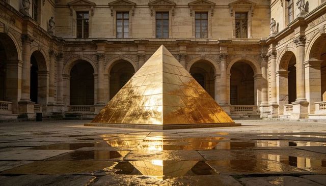 Glinting golden pyramid reflecting in puddles inside classical courtyard with arched colonnade