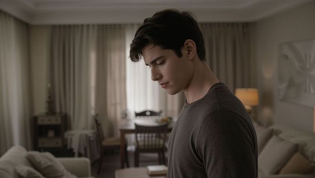 Young man standing contemplative in serene living room with soft natural lighting