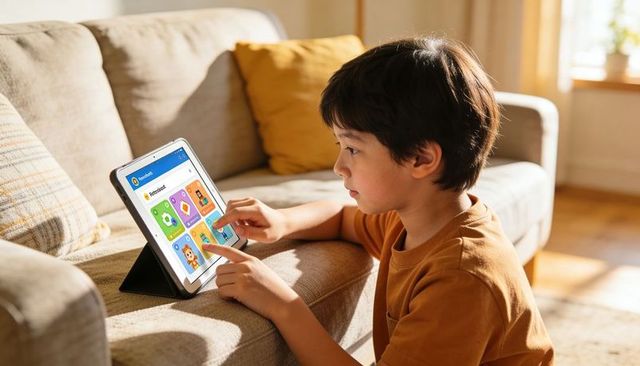 Boy kneeling on sofa using tablet with colorful educational app for home learning