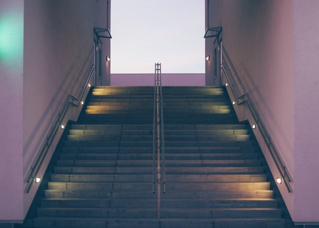 Symmetrical Urban Staircase with Modern Lighting at Dusk - Download Free Stock Photos Pikwizard.com