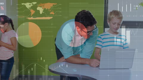Teacher and Schoolchildren Using Laptop with Data Overlay