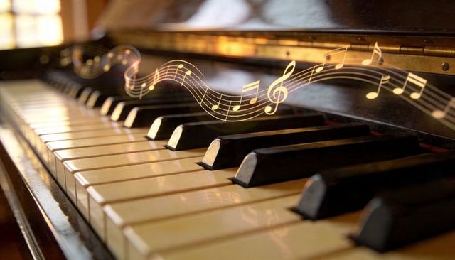 Vintage piano keys glowing in warm sunlight with floating golden musical notes