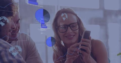 Team collaborating on mobile analytics dashboards while woman with glasses using smartphone